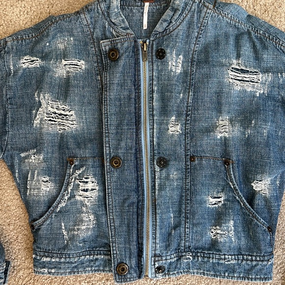 FREE PEOPLE DISTRESSED DENIM BOMBER JACKET - Picture 6 of 15